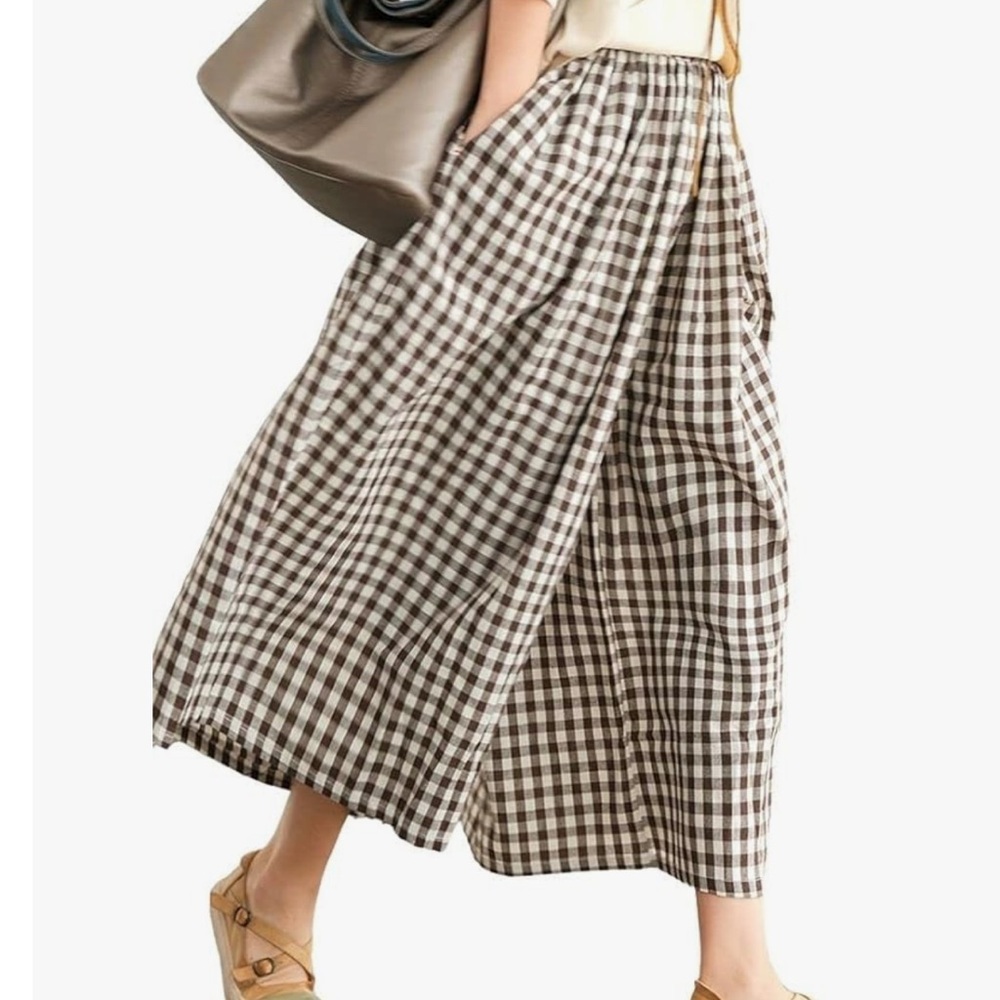 Brown Checkered Linen Pants